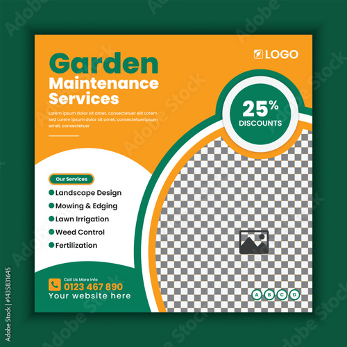Lawn, Garden, and landscape maintenance service social media post design. Lawnmower square flyer template, Agricultural and farming service social media post template