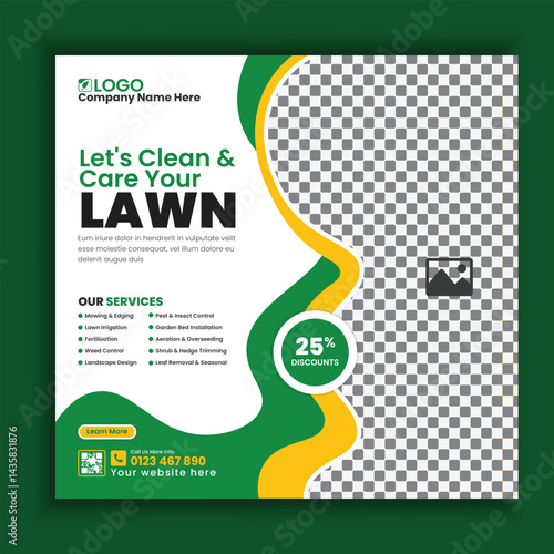 Lawn, Garden, and landscape maintenance service social media post design. Lawnmower square flyer template, Agricultural and farming service social media post template