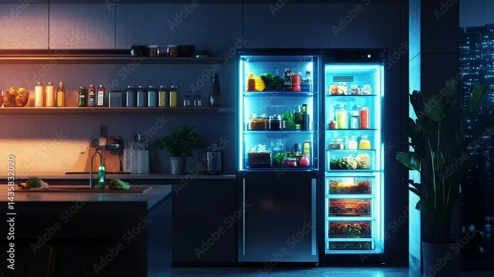 Modern Kitchen with Illuminated Refrigerator at Night Modern Kitchen with Illuminated Refrigerator at Night