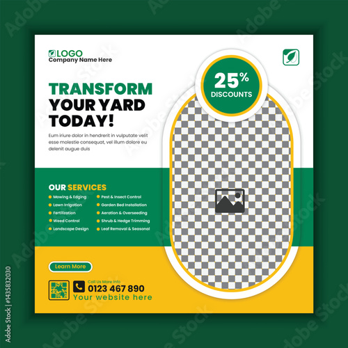 Lawn, Garden, and landscape maintenance service social media post design. Lawnmower square flyer template, Agricultural and farming service social media post template