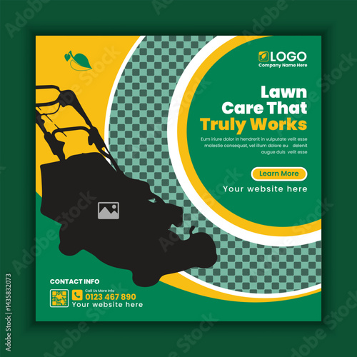 Lawn, Garden, and landscape maintenance service social media post design. Lawnmower square flyer template, Agricultural and farming service social media post template