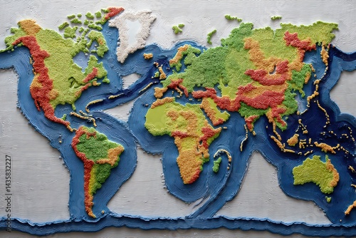 Colorful Relief Map of the World Crafted with Creative Materials