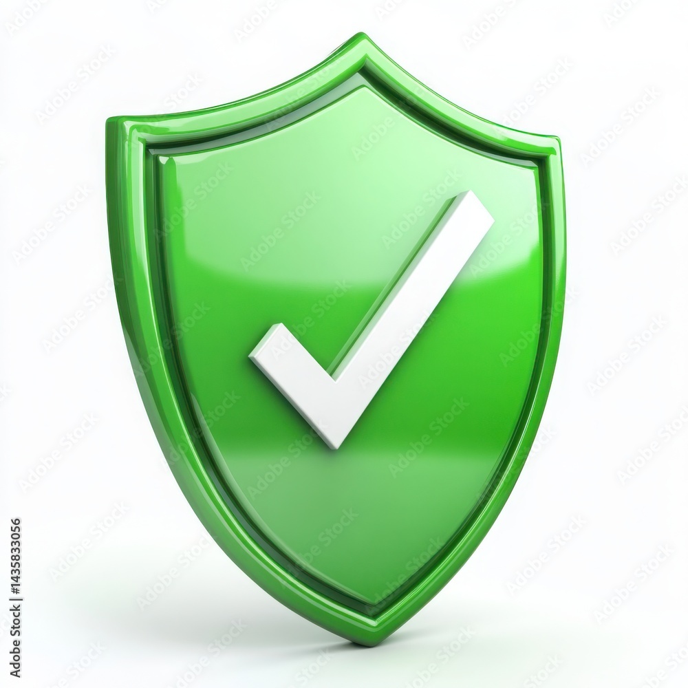 Green shield with checkmark isolated on white background Green shield with checkmark isolated on white background