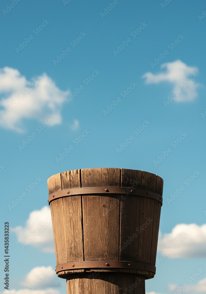 Wooden Bucket on Post Against a Blue Sky with Clouds Wooden Bucket on Post Against a Blue Sky with Clouds