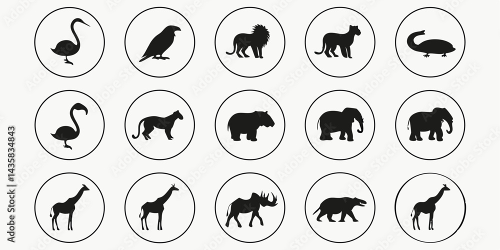 African Animal Vector Silhouette Set | Wildlife Safari Icons | Lion, Elephant, Giraffe, Rhino, Flamingo, Crocodile, Gorilla, Ostrich, Buffalo, Antelope Vector Silhouettes African Animal Vector Silhouette Set | Wildlife Safari Icons | Lion, Elephant, Giraffe, Rhino, Flamingo, Crocodile, Gorilla, Ostrich, Buffalo, Antelope Vector Silhouettes