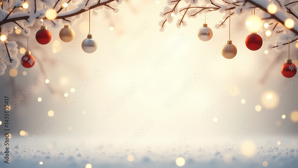 Fototapeta premium Winter Wonderland Christmas: Festive Christmas baubles adorn snow-covered branches, illuminated by warm, enchanting lights. A magical winter scene perfect for holiday cards or festive backgrounds.