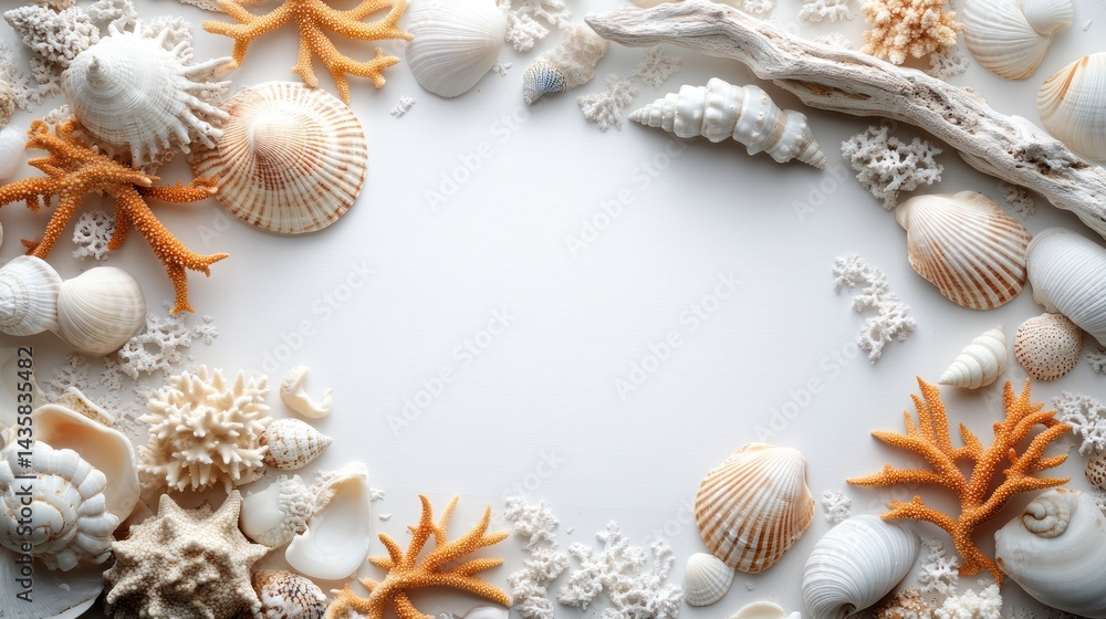 Obraz premium Seashells, coral, and driftwood frame a white background.