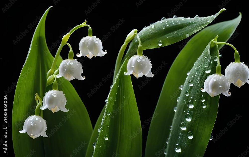 Obraz premium A close-up photograph of a lily of the valley with water droplets on its petals, against a dark background.