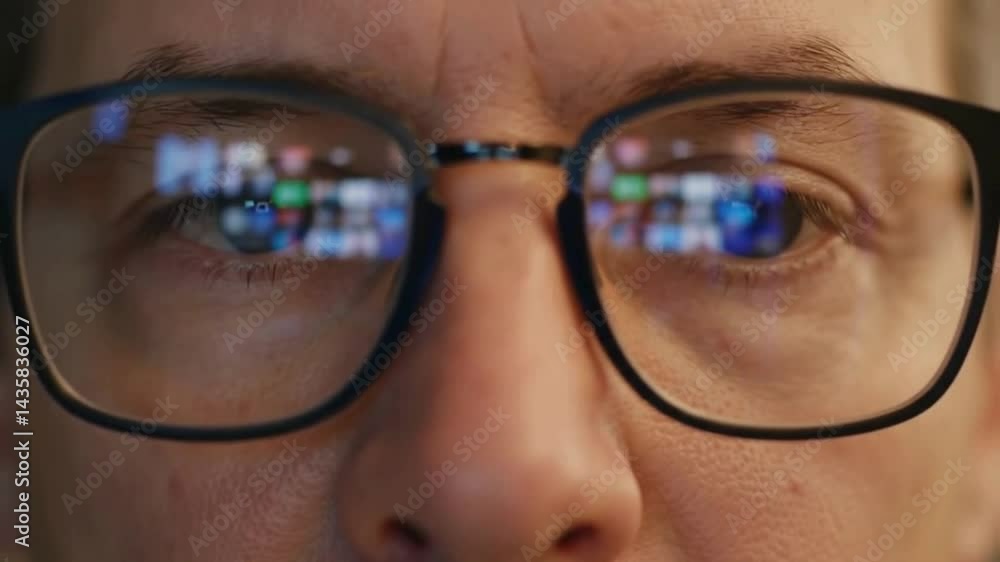 Eyes of Man in Glasses Looking at Computer Screen with Glowing Video of Internet Simulation. Concentrated Sight of Addictive Person Spending Time Online and Staring at Moving Image. Macro Shot View Eyes of Man in Glasses Looking at Computer Screen with Glowing Video of Internet Simulation. Concentrated Sight of Addictive Person Spending Time Online and Staring at Moving Image. Macro Shot View
