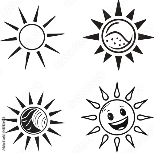 A vector set of sunny yellow sun icons, a bright summer design illustration