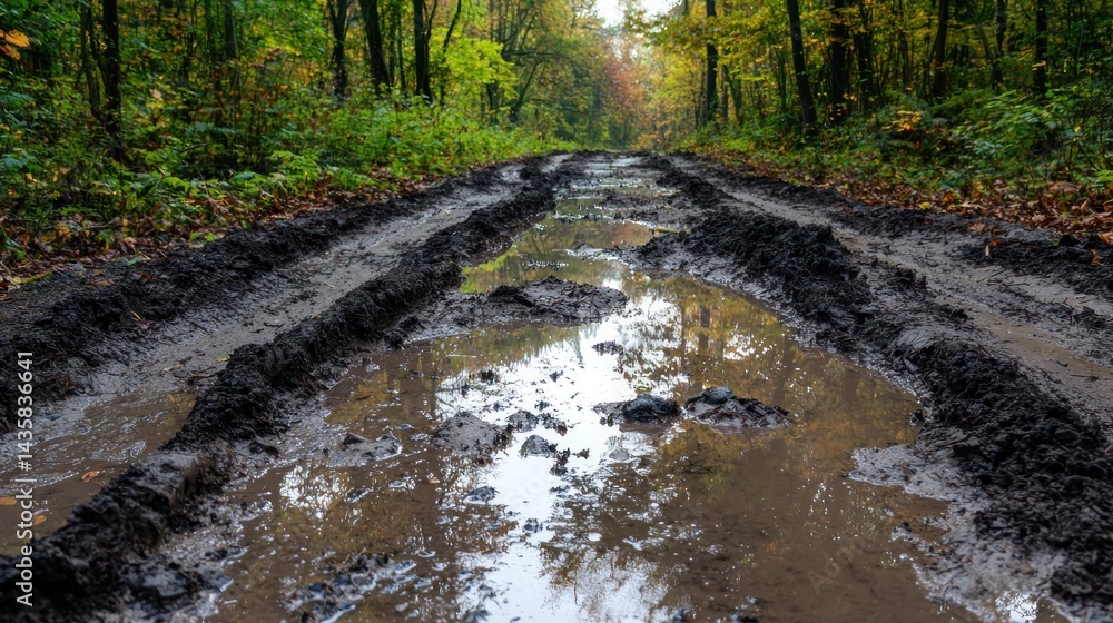 Fototapeta premium Muddy forest path with puddles in autumn