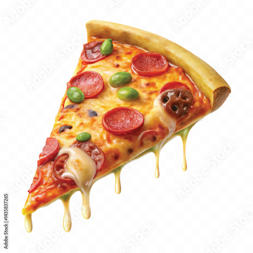 realistic cheesy pepperoni pizza slice with dripping melted cheese. Isolated on white background
