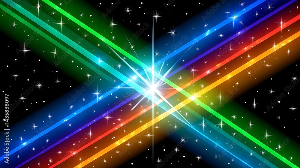 Naklejka premium Vibrant rainbow light streaks intersect, sparkling stars on dark backdrop