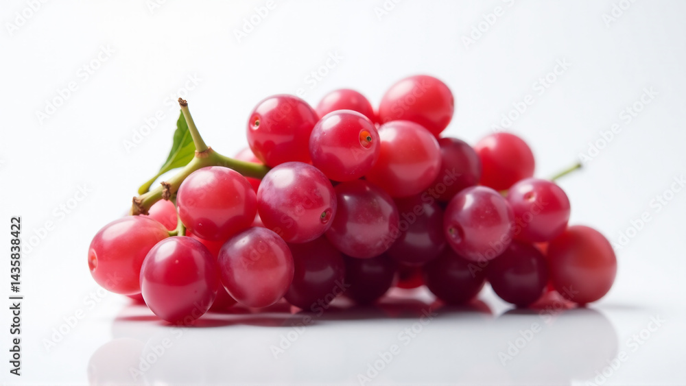 Lush Bunch of Red Grapes with Water Droplets on White Reflective Surface Lush Bunch of Red Grapes with Water Droplets on White Reflective Surface