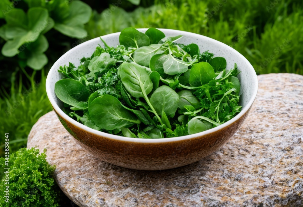 A bowl of green is on a rock in the grass A bowl of green is on a rock in the grass