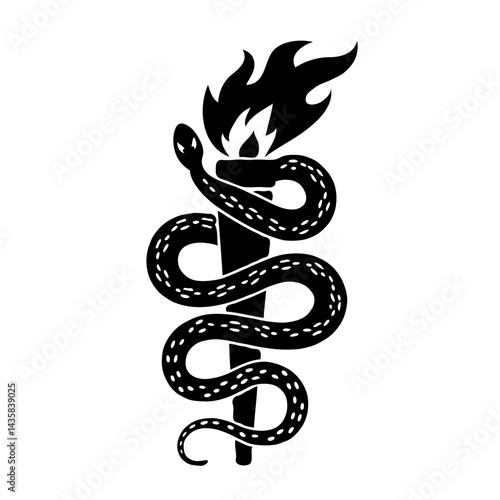 **"Serpent of Flame: A Black and White Coiled Snake Illustration with Flame Motif, Symbolizing Mystical Energy and Occult Power"**  

Would you like to explore this concept further for a specific medi