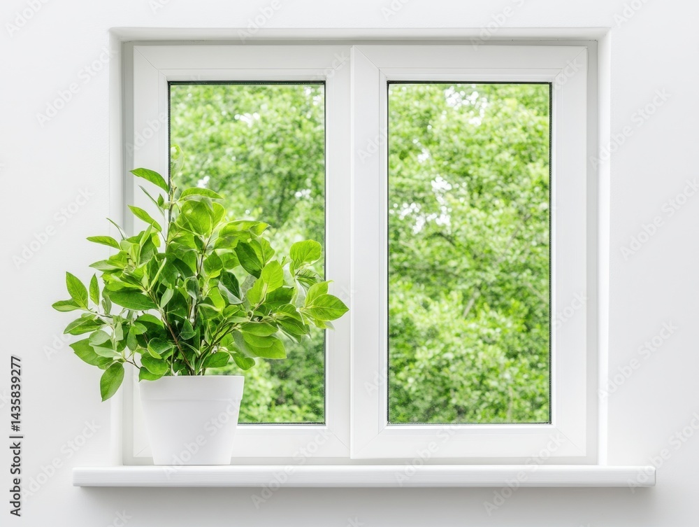 Lush green plant in white pot sits on windowsill, overlooking leafy trees outside Lush green plant in white pot sits on windowsill, overlooking leafy trees outside