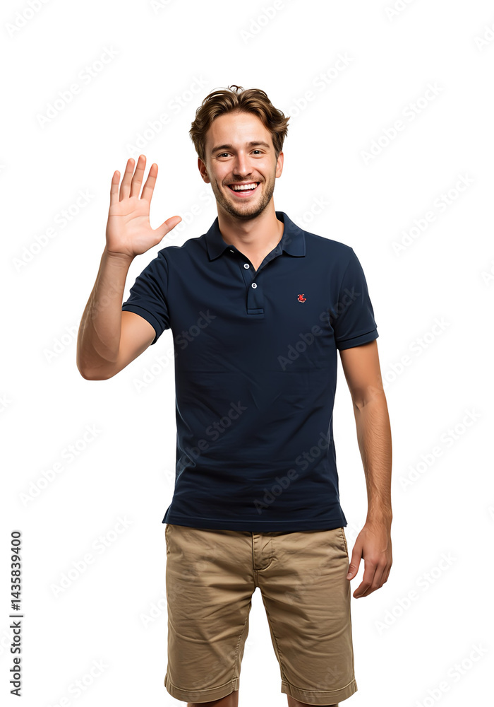 A man waving goodbye with a bright, isolated A man waving goodbye with a bright, isolated