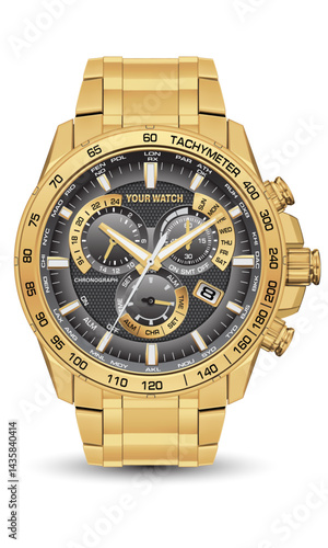 Realistic watch clock chronograph gold steel grey face for men design luxury on white background vector