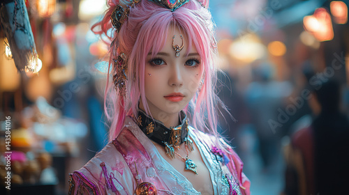 Young woman in vibrant, ornate outfit