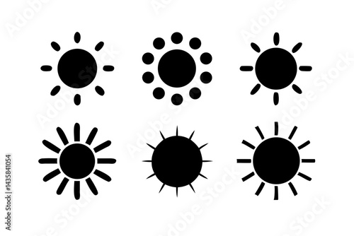 Six different stylized suns. The collection showcases various artistic interpretations of the sun