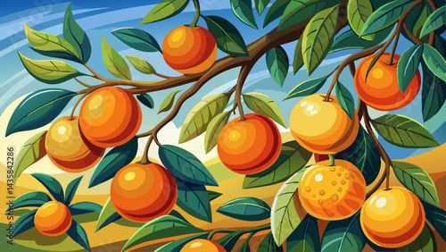 A tree branch with ripe oranges hanging, showcasing the beauty of the citrus fruit in nature