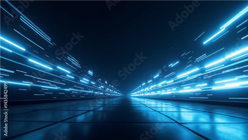 Vector illustration depicting a perspective view looking down a pathway or corridor towards a central vanishing point. On both sides, there are horizontal streaks and bars of bright, glowing cyan-blue