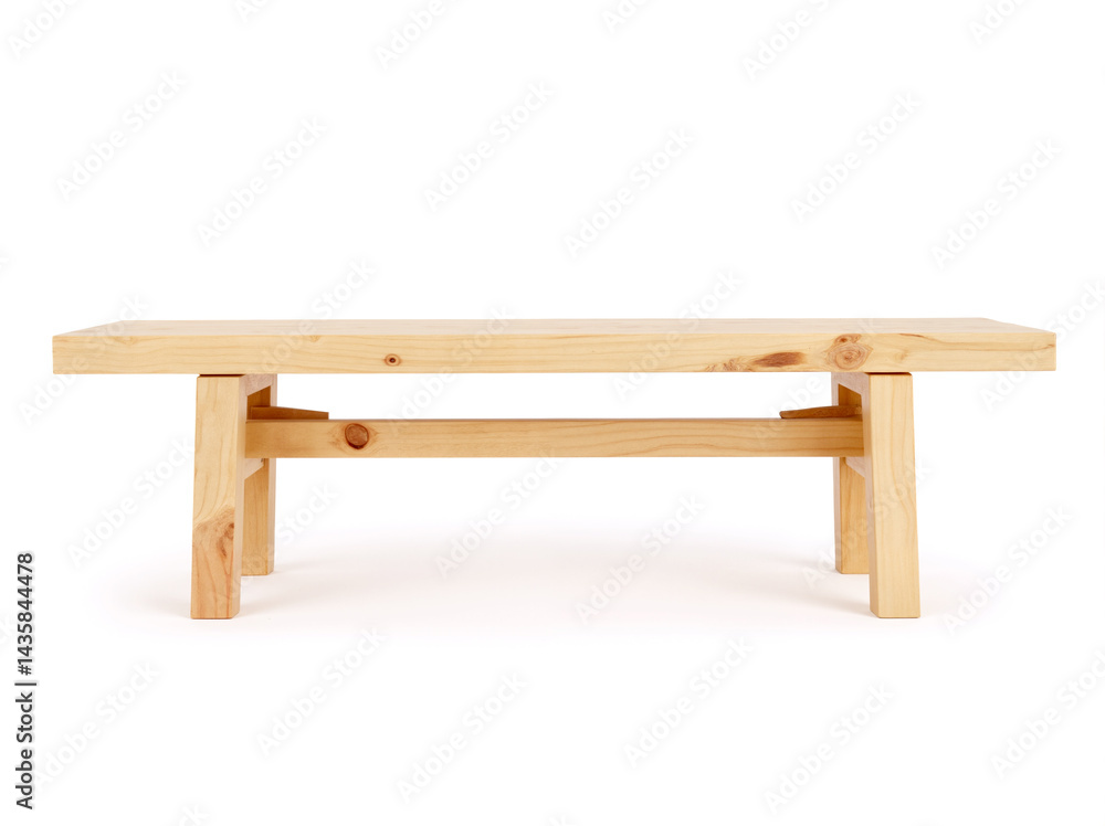 Simple, light-colored wooden bench on a white background. Minimalist furniture design for indoor spaces. Simple, light-colored wooden bench on a white background. Minimalist furniture design for indoor spaces.