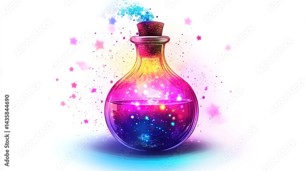 Magical potion bottle with colorful glowing liquid and stars. Magical potion bottle with colorful glowing liquid and stars.