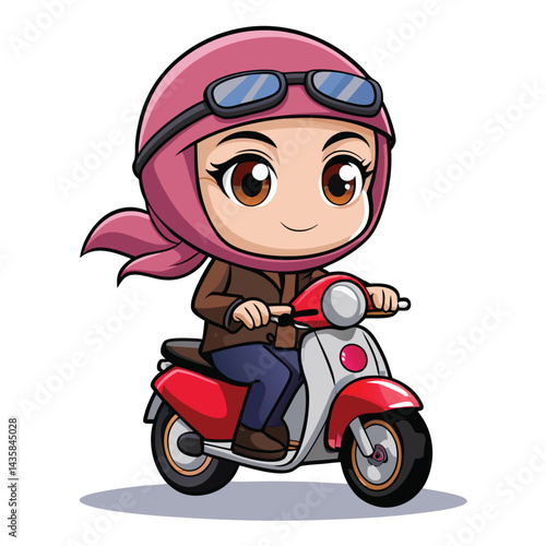 Cartoon female character riding a scooter