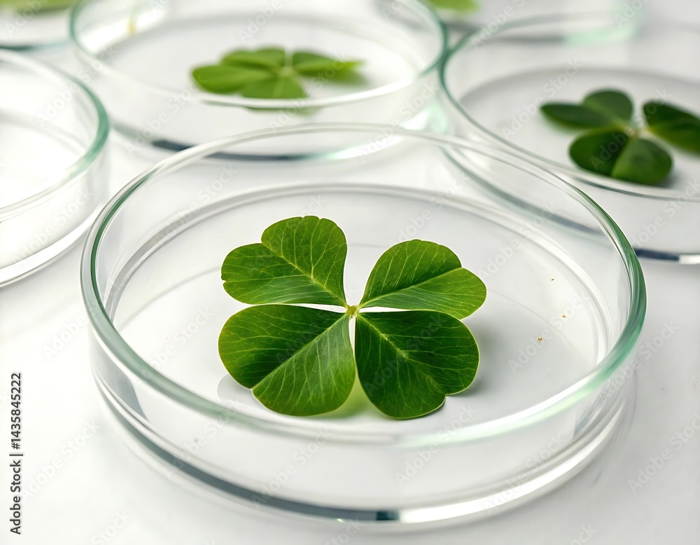 Four-leaf clover in petri dishes: A detailed shot of four-leaf clovers in glass petri dishes, emphasizing nature and scientific study. Four-leaf clover in petri dishes: A detailed shot of four-leaf clovers in glass petri dishes, emphasizing nature and scientific study.
