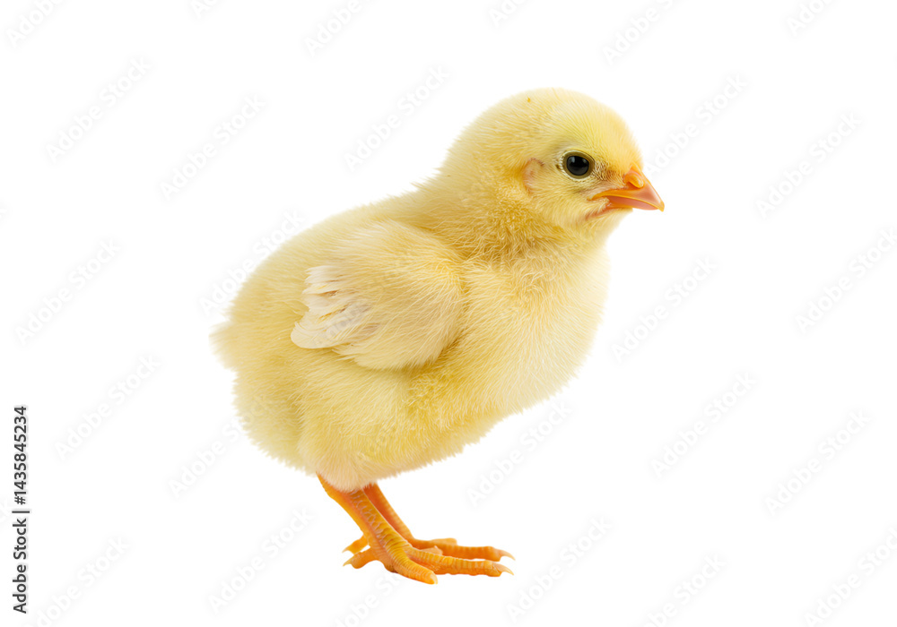 Chick isolated, small yellow bird standing on its feet against plain background Chick isolated, small yellow bird standing on its feet against plain background