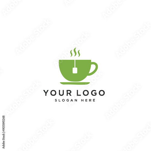 Green silhouette logo of steaming tea cup on saucer with tea bag for cafes or tea brands.
