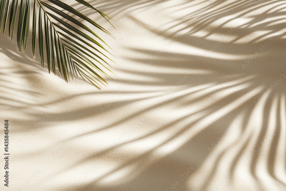 Fototapeta premium Gentle Palm Frond Shadows Dancing in the Morning Sunlight on a Cream Wall