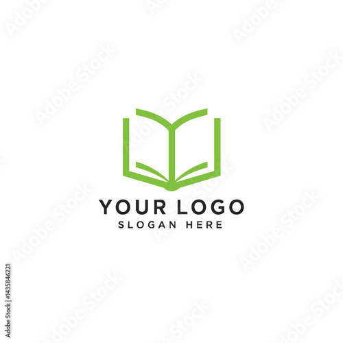 Green line art logo of open book for education, publishing, library, or learning concepts.
