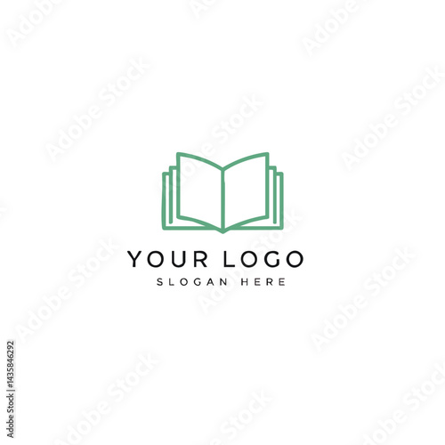 Line art logo of open book with multiple pages in teal green for education or reading.
