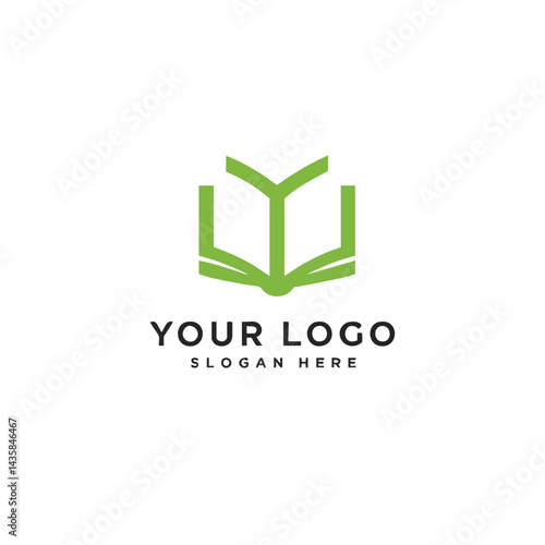 Green line art logo of open book for education, publishing, library, or learning concepts.

