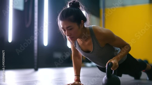 An Asian woman skillfully executes a Turkish get-up with a kettlebell in a fitness center.