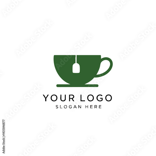 Tea cup logo design template green silhouette with tea bag tag icon vector illustration isolated cafe beverage brand.

