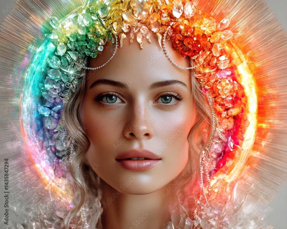 A mystical female figure radiating a vibrant rainbow aura, surrounded by celestial elements and cosmic light, embodying spirituality and ethereal beauty.