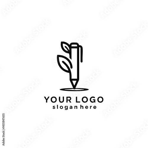 Line art logo combining pen nib and leaves, symbolizing creative writing, education, or eco-friendly concepts.
