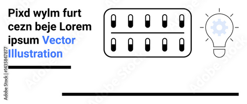 Capsule strip beside a glowing light bulb with gears inside and placeholder text. Ideal for healthcare, innovation, pharmaceuticals, creativity, minimalistic designs, infographics, simple landing
