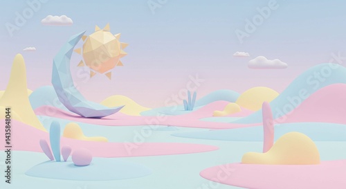 Pastel Dreamland Low Poly Sun Moon and Abstract Landscape