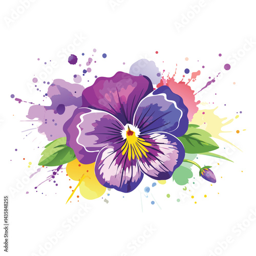 Colorful watercolor pansy flower illustration with purple and yellow petals, vibrant splashes, and green leaves