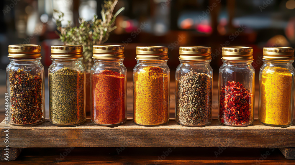 Colorful Spice Jars On Rustic Wooden Display Colorful Spice Jars On Rustic Wooden Display