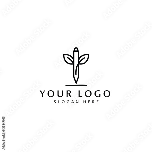 Line art logo combining pen nib and leaves, symbolizing creative writing, education, or eco-friendly concepts.
