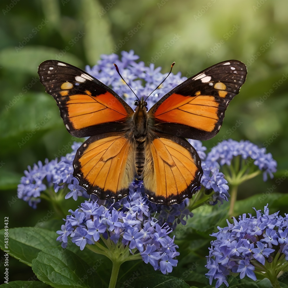 Fototapeta premium butterfly spreads its beautiful wings and lands on a purple flower