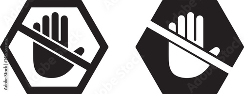 Hexagonal stop sign, hand gesture icon, black and white design, minimalist graphic, safety symbol, warning sign, geometric shapes, simplified illustration, contrasting colors,