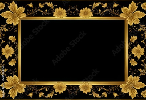 Gold framed golden flowers on black background