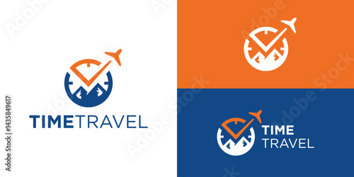 Creative time travel logo template. Clock logo design vector illustration with mountain and airplane.